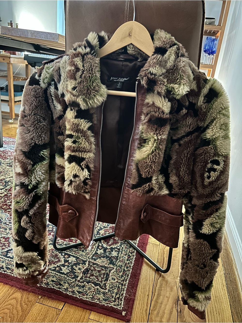 Betsey Johnson Faux Fur & Leather Bomber Jacket - Brown/Olive